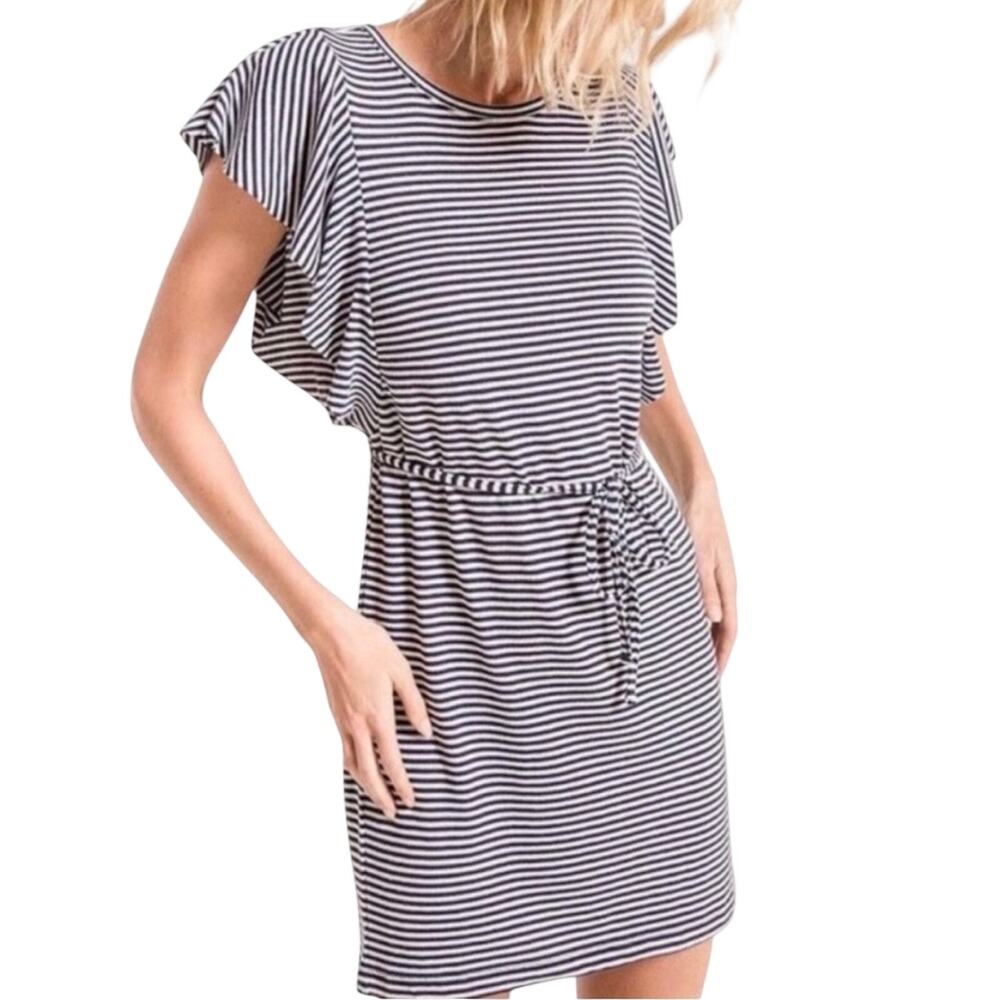 Z Supply Stripe Dress M Ruffle Sleeve Tie Waist Belted Navy Blue White Resort